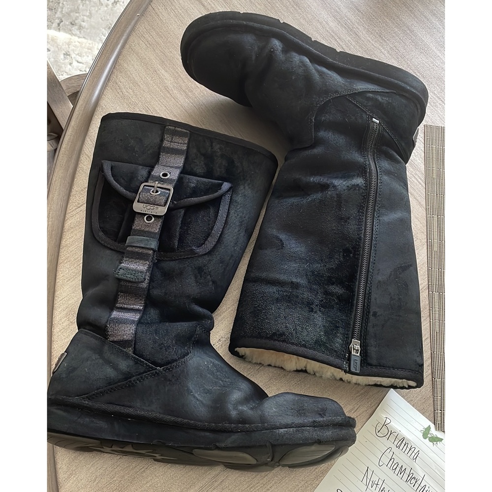 🖤 UGG Australia Black Retro Cargo 1895 Logo Sheepskin Zip Tall Suede Boots